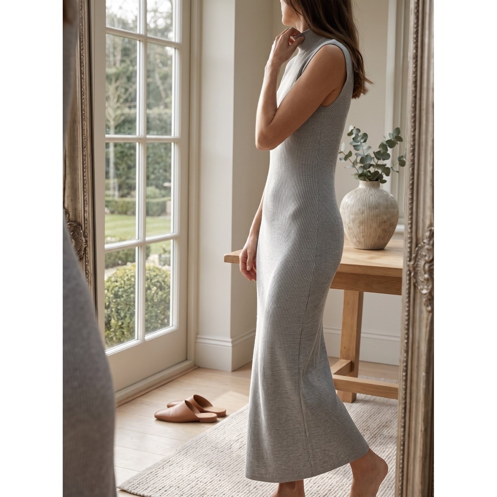 Minimalist Wilfred Aritzia Ribbed Knit Mock Neck Maxi Dress XS Grey Sleeveless